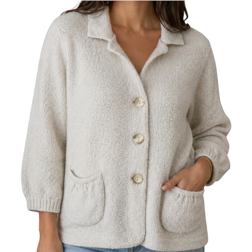 J. Jill Button Down Cardigan Sweater 3/4 Sleeve Pockets Collared Stretch White M